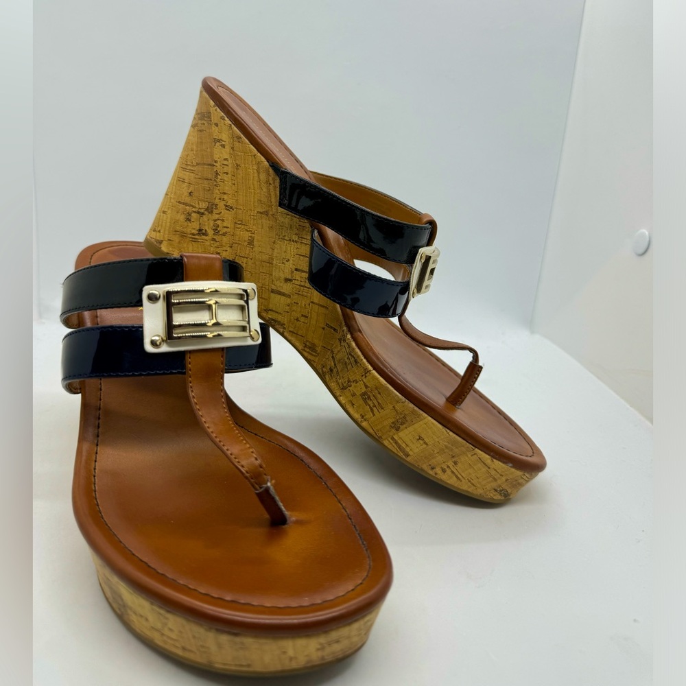 Tommy Hilfiger Cork Wedge Sandals Heels Size 9M Navy Blue Black White